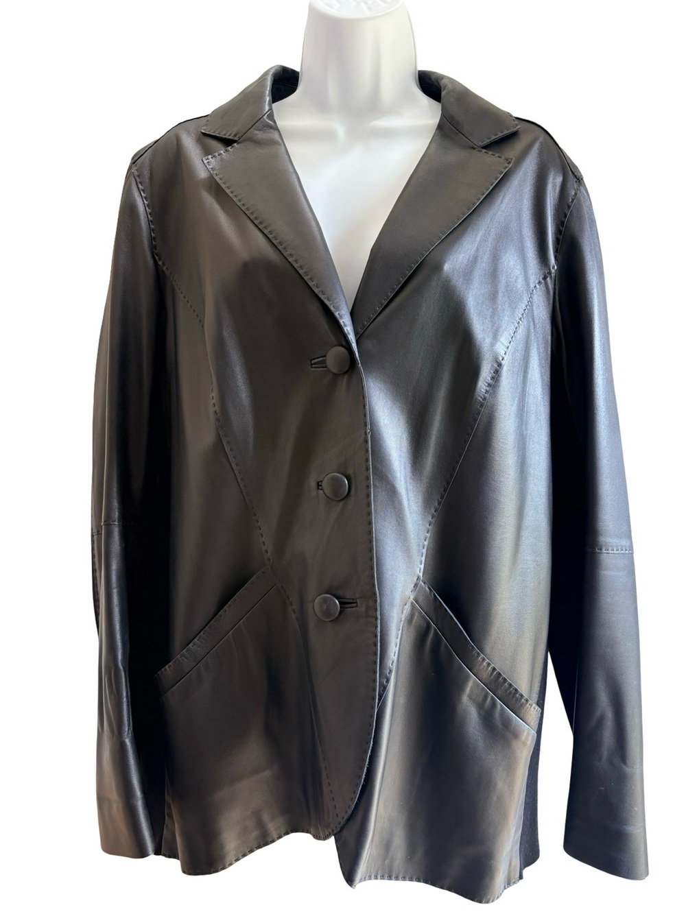 Vintage Lafayette 148 NY Leather Blazer Jacket Merino Wool Side Panels Size